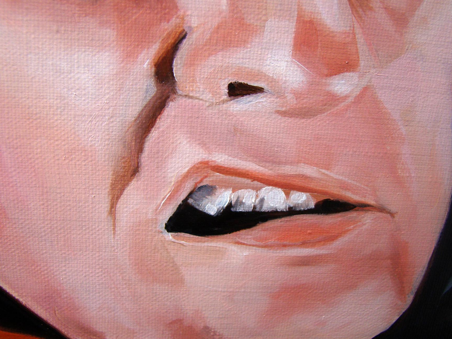 Close-up oil painting of pink lips and teeth by Yulia Lihina, Come on its not me