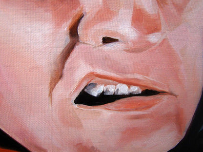 Close-up oil painting of pink lips and teeth by Yulia Lihina, Come on its not me