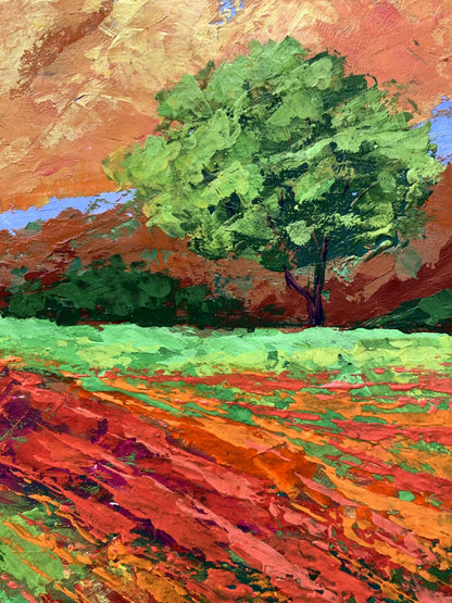 Vibrant impressionist oil painting of lush green tree in fiery sunset by V. Zadorozhnya