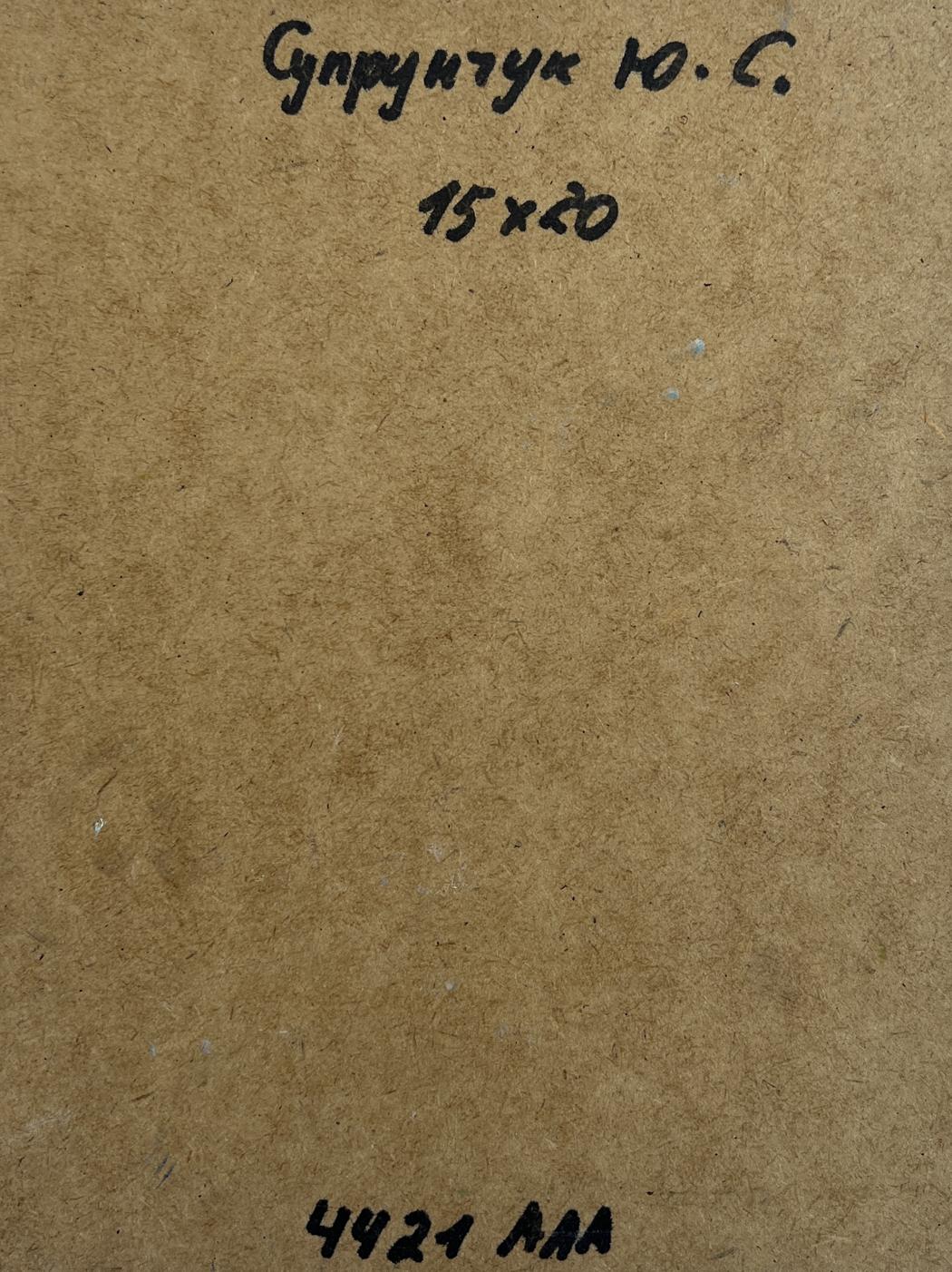Back of Yuriy Suprunchuk oil painting Warm summer day by the river with brown cardboard Cyrillic text and measurements