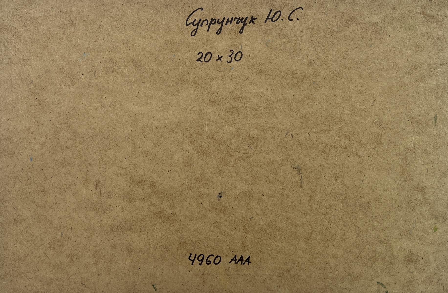 Back of Yuriy Suprunchuk oil painting The rain is approaching the river with brown textured paper Cyrillic text and measurements