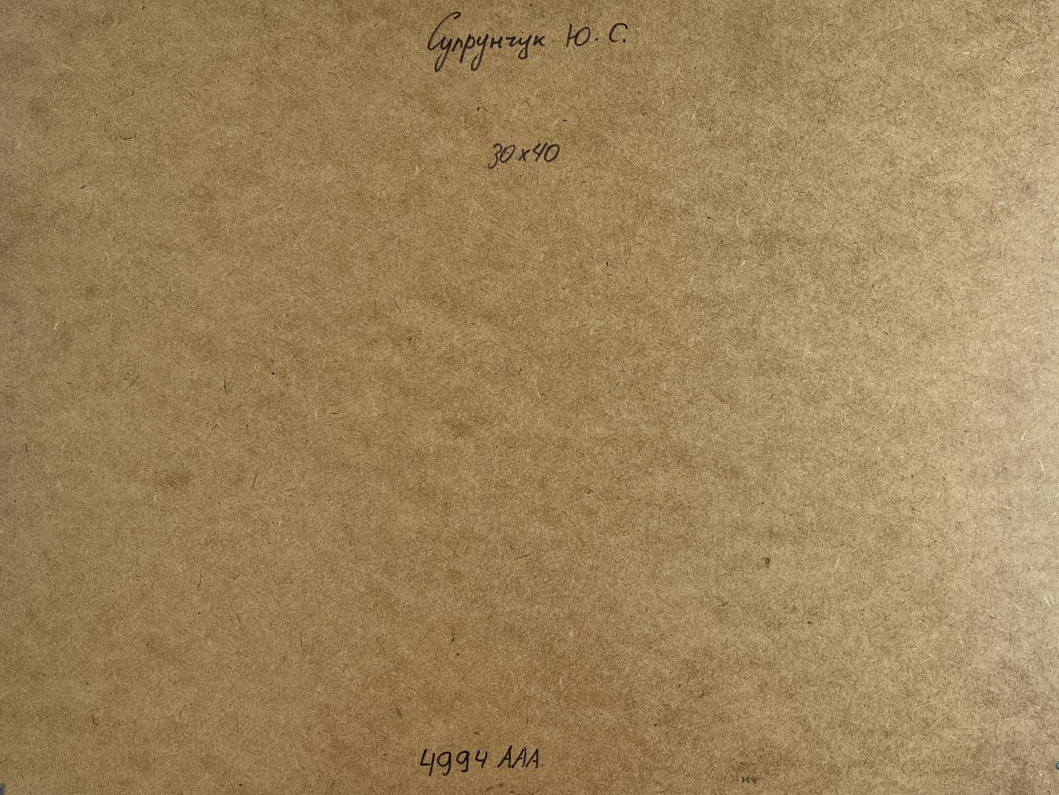 Back of Oil painting Dream of Venice by Yuriy Suprunchuk with brown textured paper, handwritten Cyrillic text and measurements