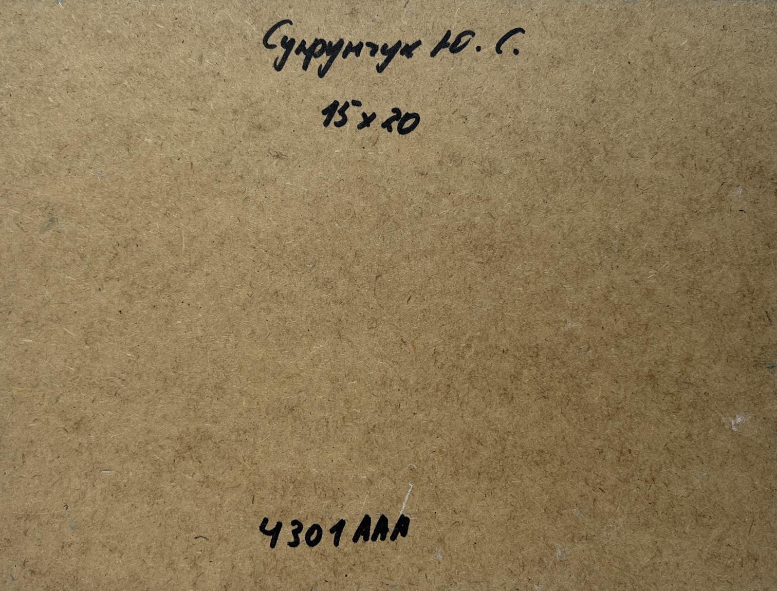 Back of Yuriy Suprunchuk Sunset glow oil painting with Cyrillic text