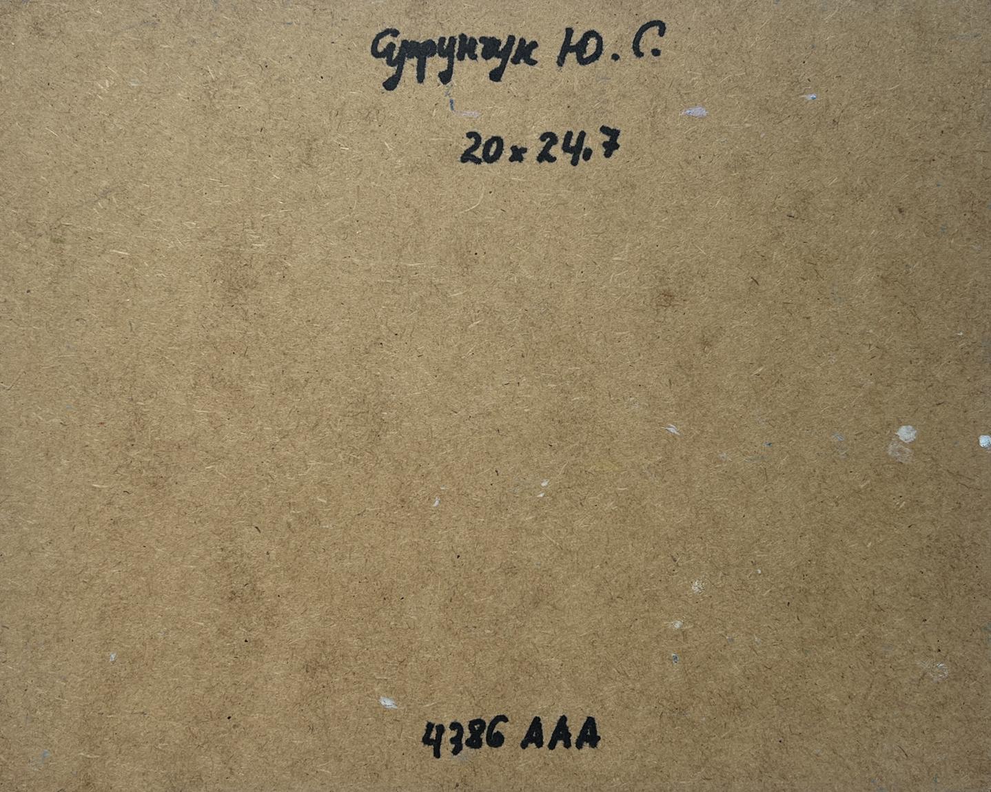 Back of Yuriy Suprunchuk oil painting with handwritten text and stamped numbers on brown cardboard