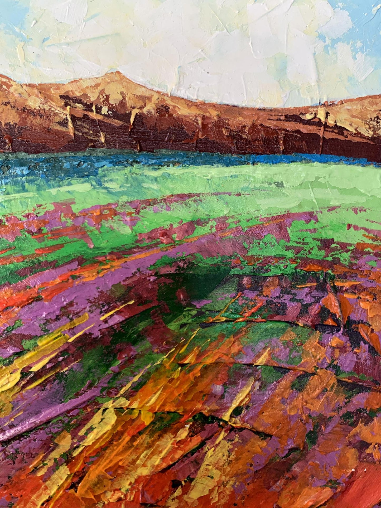 Vibrant impressionist oil painting of brown mountains by V. Zadorozhnya