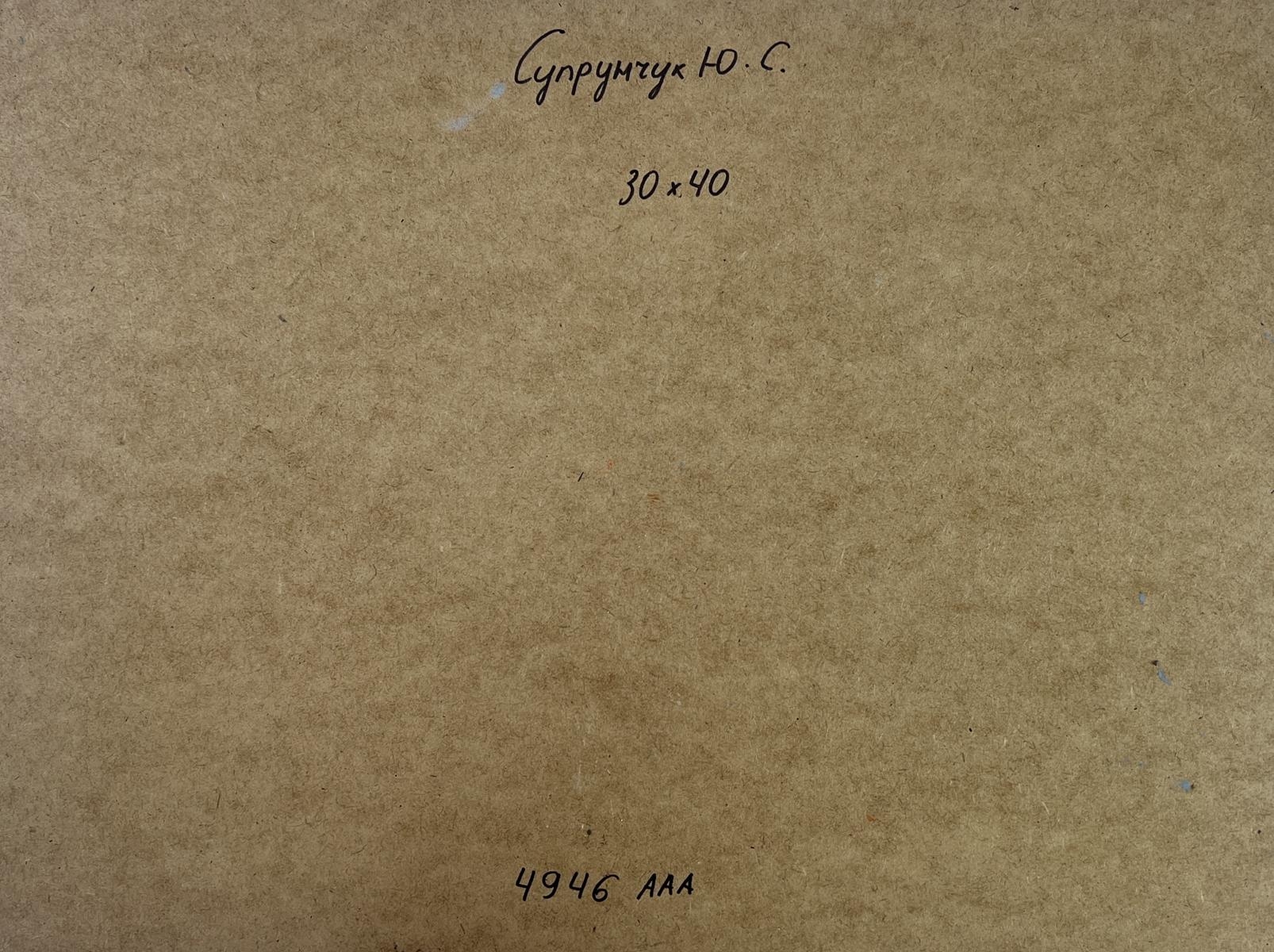 Back of Yuriy Suprunchuk oil painting Frozen winter river with brown textured paper Cyrillic text measurements