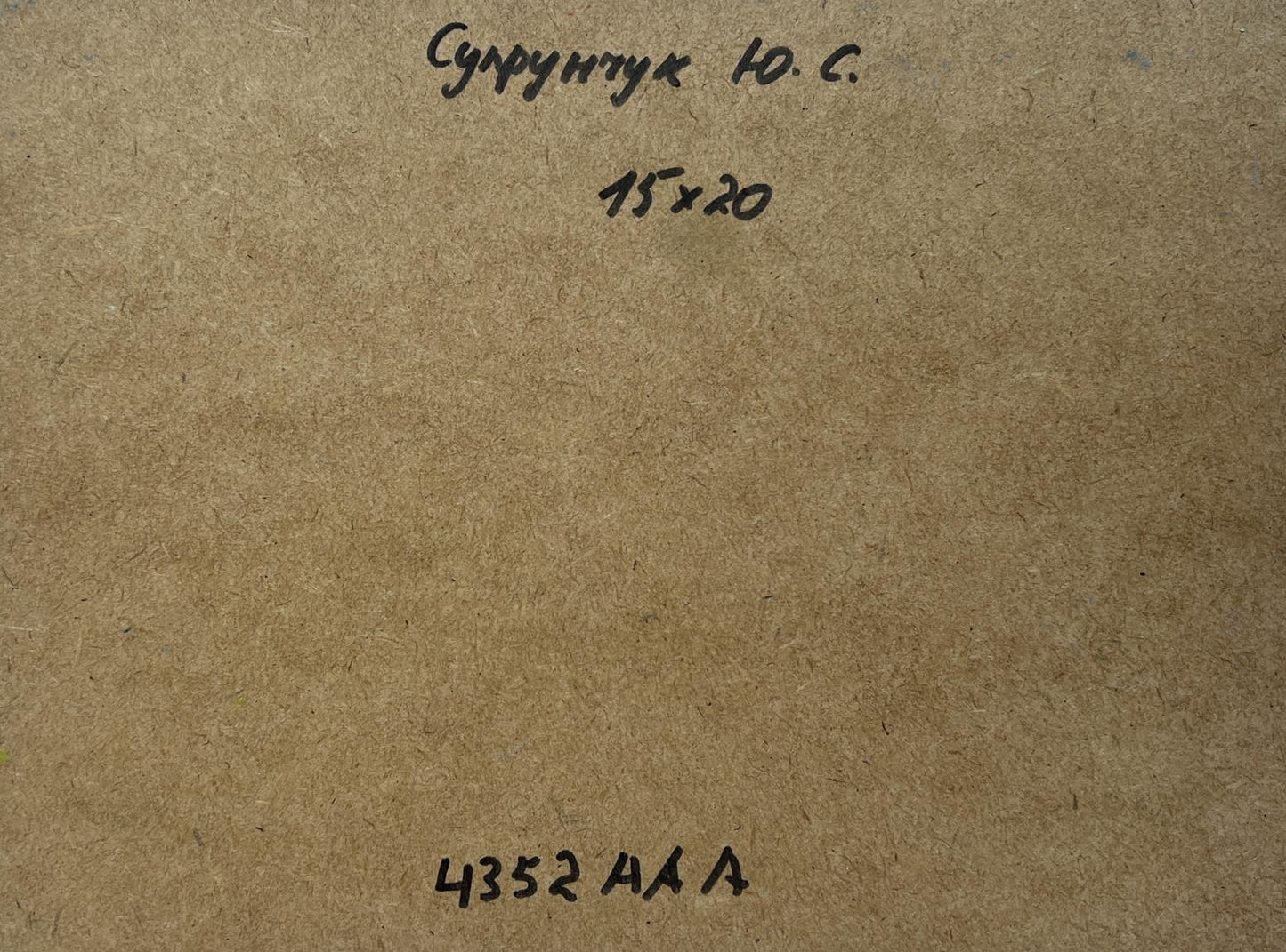 Back of Yuriy Suprunchuk Summer flood oil painting with Cyrillic text on cardboard