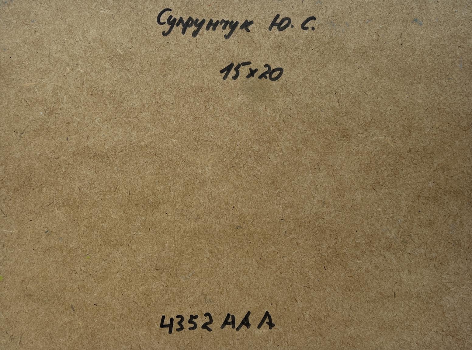 Back of Yuriy Suprunchuk Summer flood oil painting with Cyrillic text on cardboard