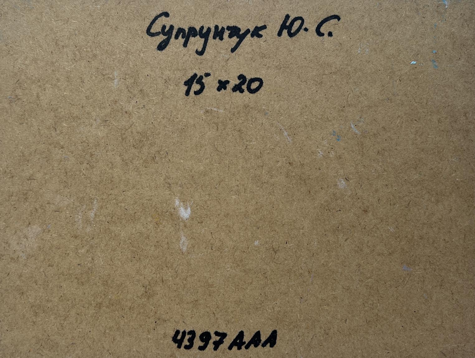 Back of Yuriy Suprunchuk oil painting with brown cardboard and handwritten black ink text