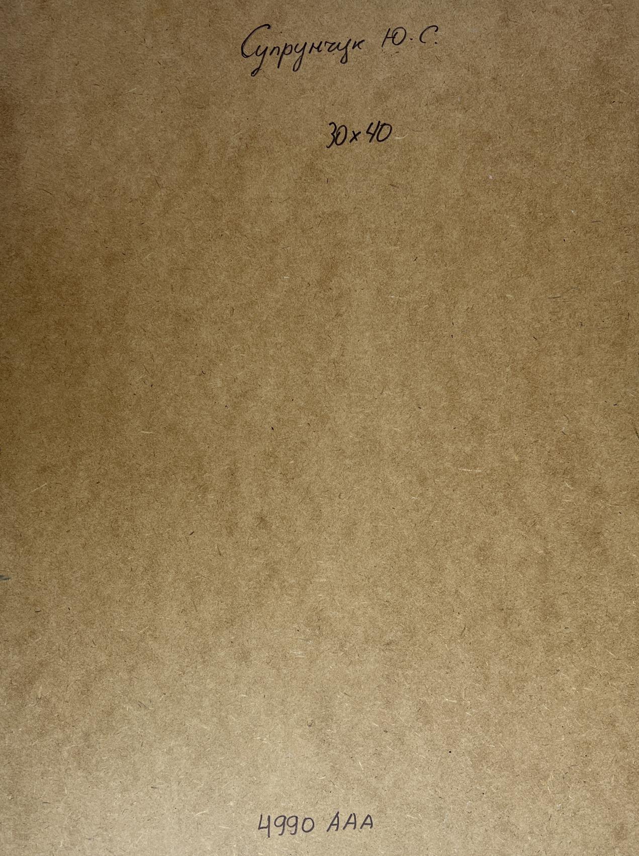 Back of Yuriy Suprunchuk oil painting Mountain waterfall with brown textured paper Cyrillic text