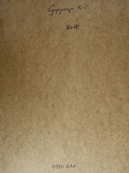 Back of Yuriy Suprunchuk oil painting Mountain waterfall with brown textured paper Cyrillic text