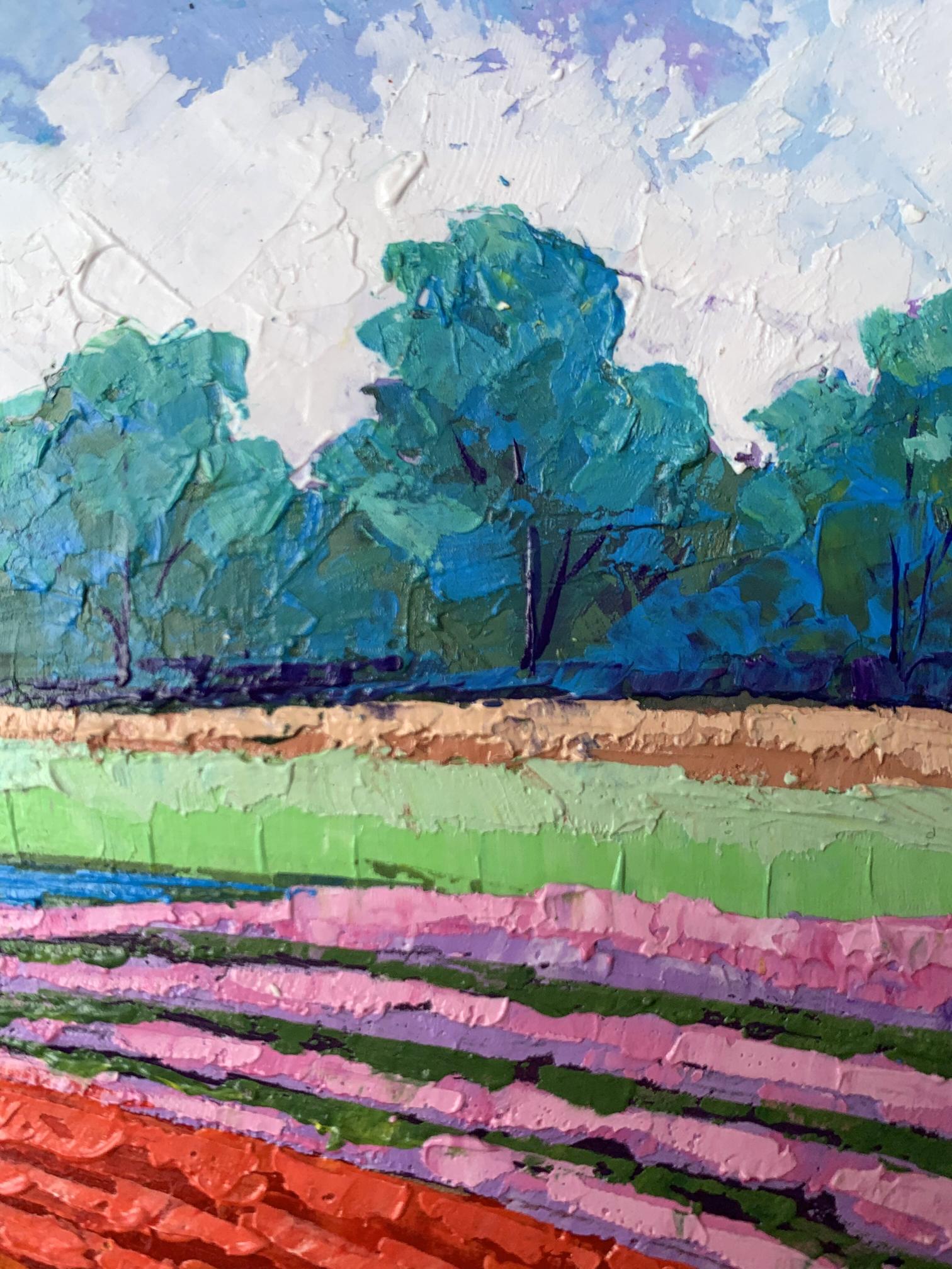 Vibrant oil painting by V. Zadorozhnya: house among trees, pink orange flowers, cloudy sky