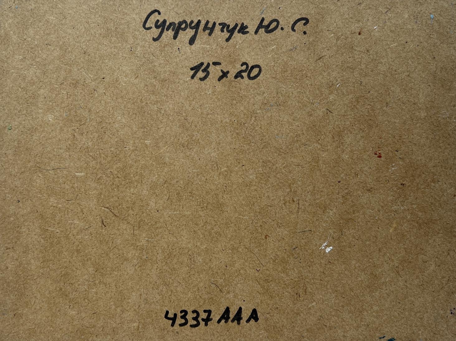 Back of Yuriy Suprunchuk oil painting with Cyrillic text and measurements on brown cardboard