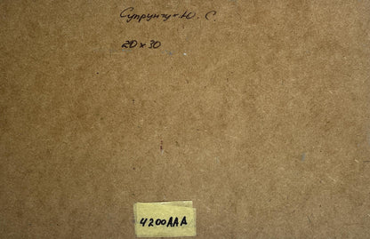 Back of Yuriy Suprunchuk cozy winter evening oil painting with Cyrillic text and 420aaa note