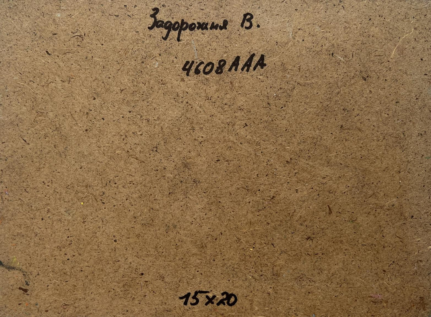 Back of V. Zadorozhnya Sunset tranquility oil painting with Cyrillic text