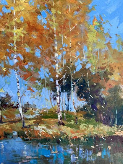 Oil painting by Yuriy Suprunchuk: autumn birch trees by blue pond
