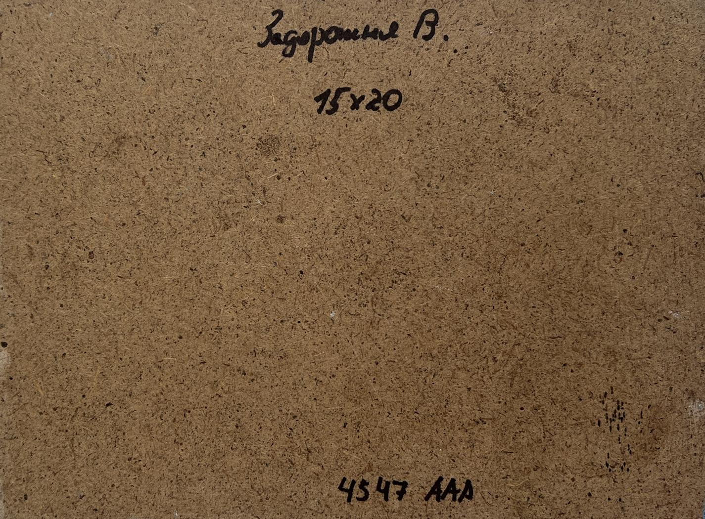 Back of oil painting A fleeting memory of sunset V. Zadorozhnya with brown cardboard, handwritten inscription and stamped numbers