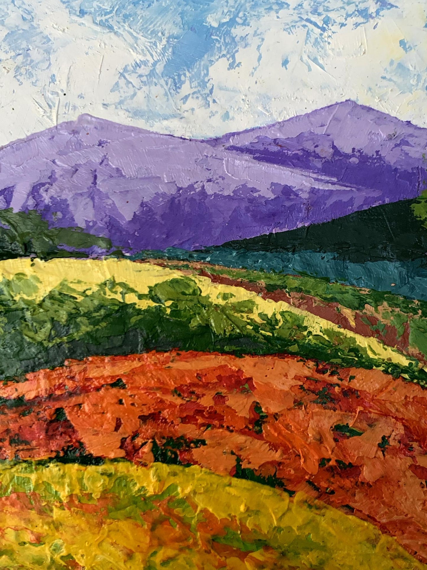 Oil painting Far away in the mountains by V. Zadorozhnya vibrant purple fields