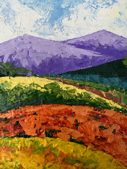 Oil painting Far away in the mountains by V. Zadorozhnya vibrant purple fields