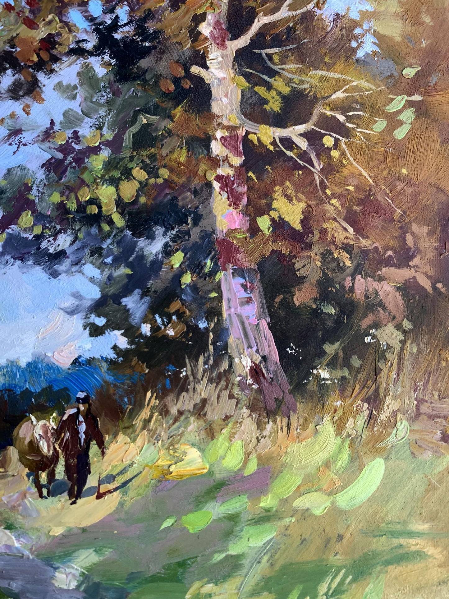 Oil painting Returning home by Yuriy Suprunchuk: tall tree with red-purple bark