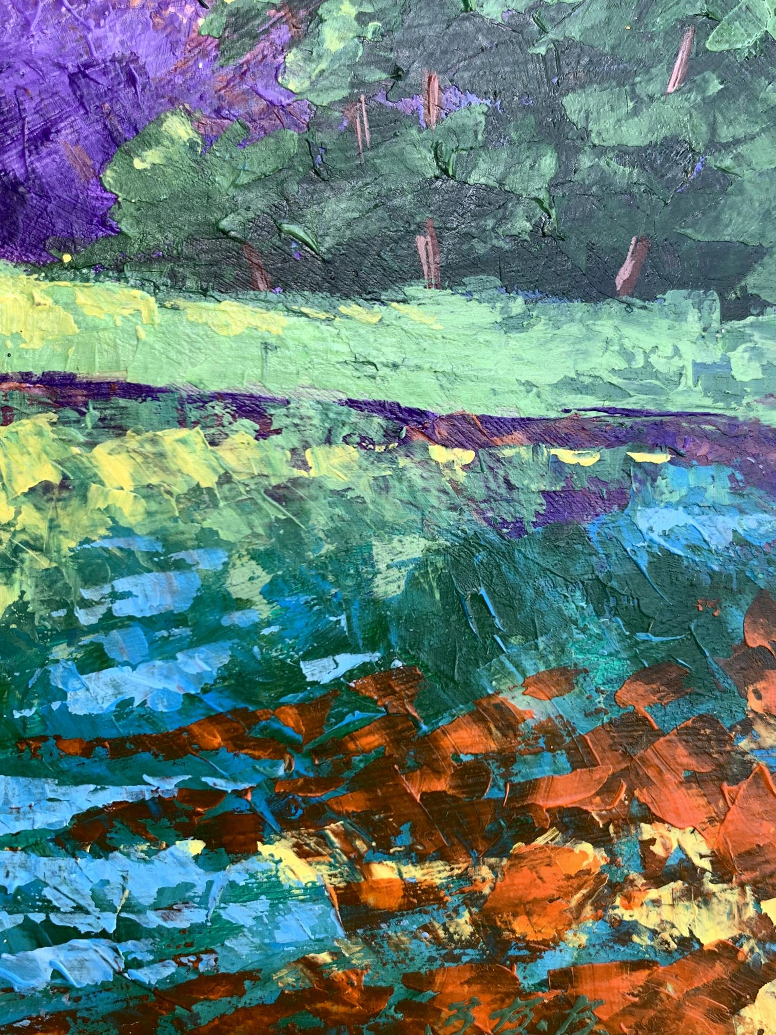 Oil painting Sunset behind the trees V. Zadorozhnya vibrant abstract landscape