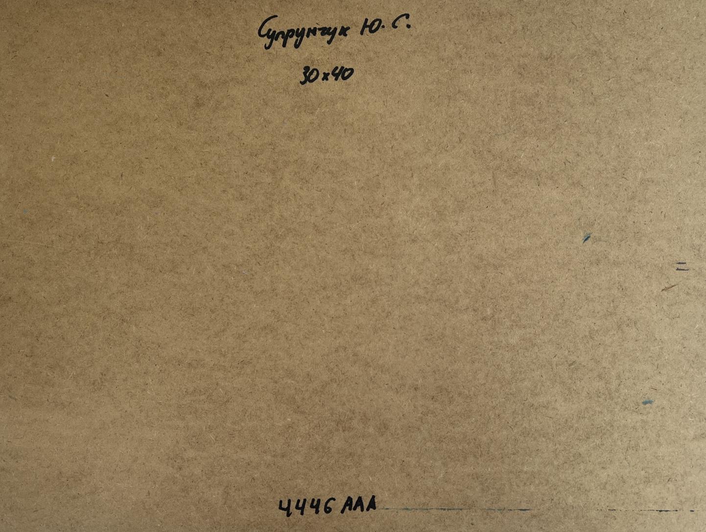Back of Oil painting Whisper of autumn leaves by the river Yuriy Suprunchuk with brown cardboard Cyrillic text and measurements