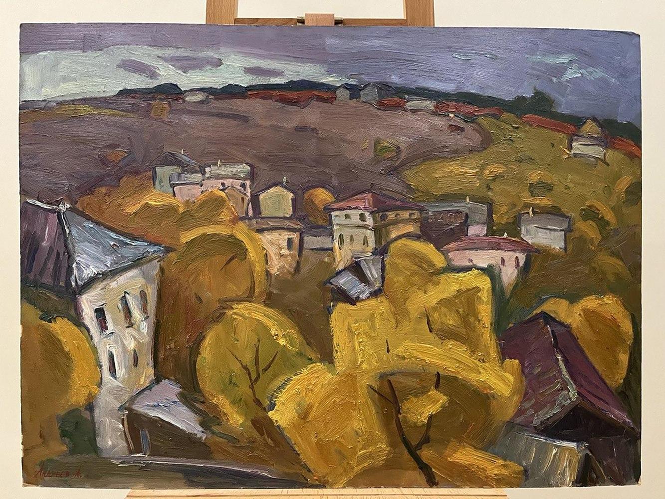 Oil painting of autumn trees village in hills by Oleksandr Andreev