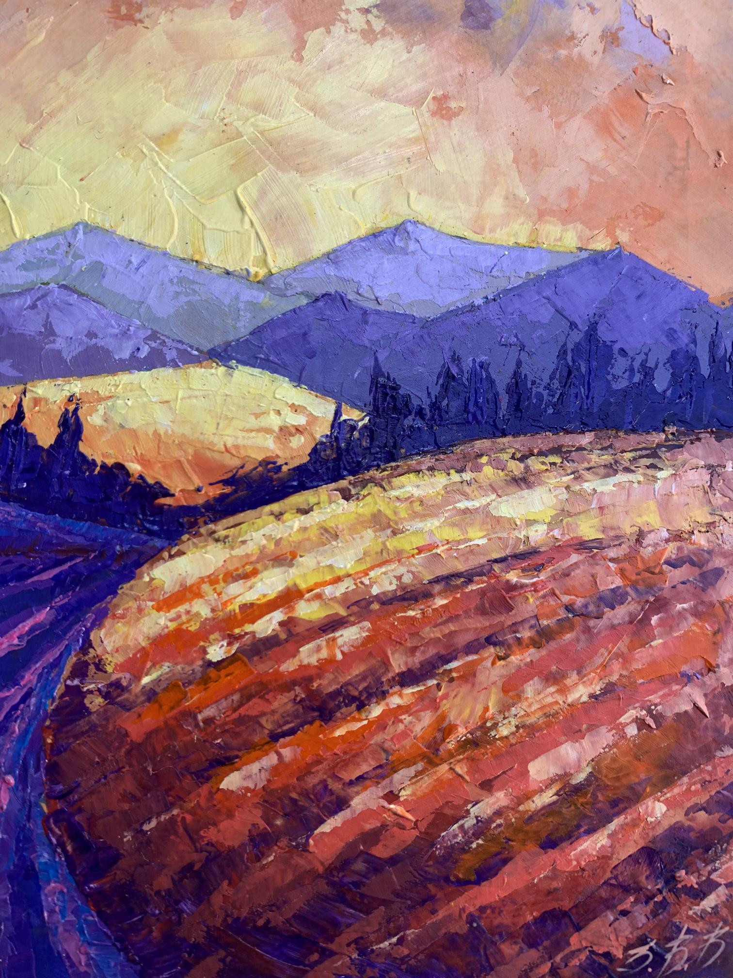 Vibrant impressionist oil painting Mountain Sunset by V. Zadorozhnya
