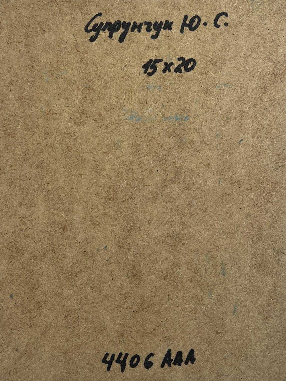 Back of Yuriy Suprunchuk oil painting River in forest thicket with Cyrillic text and measurements on brown cardboard