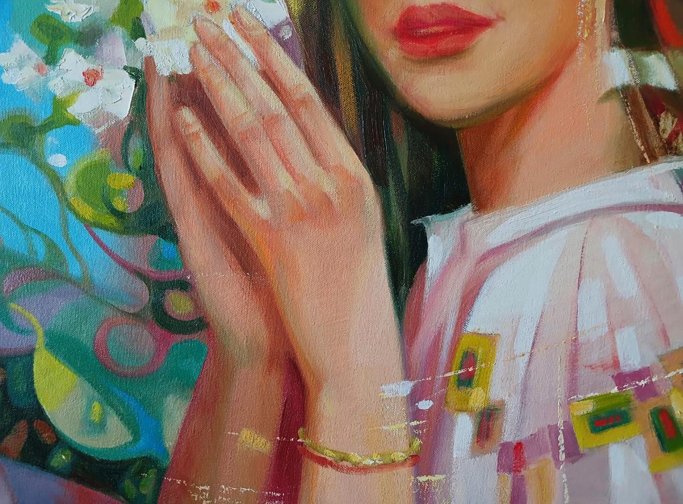 Delicate gold bracelet on wrist in Breath of Spring painting by Anatoly Tarabanov