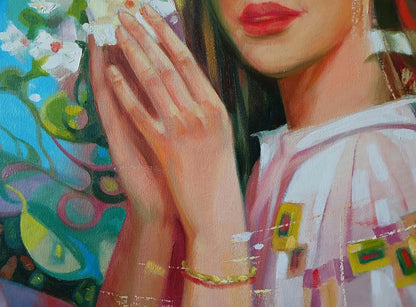 Delicate gold bracelet on wrist in Breath of Spring painting by Anatoly Tarabanov