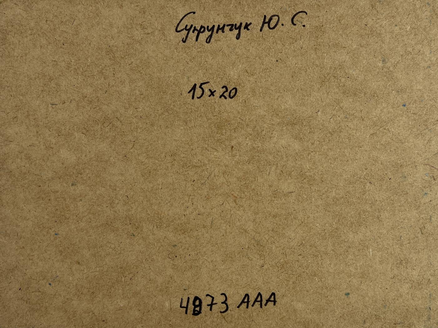 Back of Yuriy Suprunchuk oil painting on brown cardboard with black ink markings