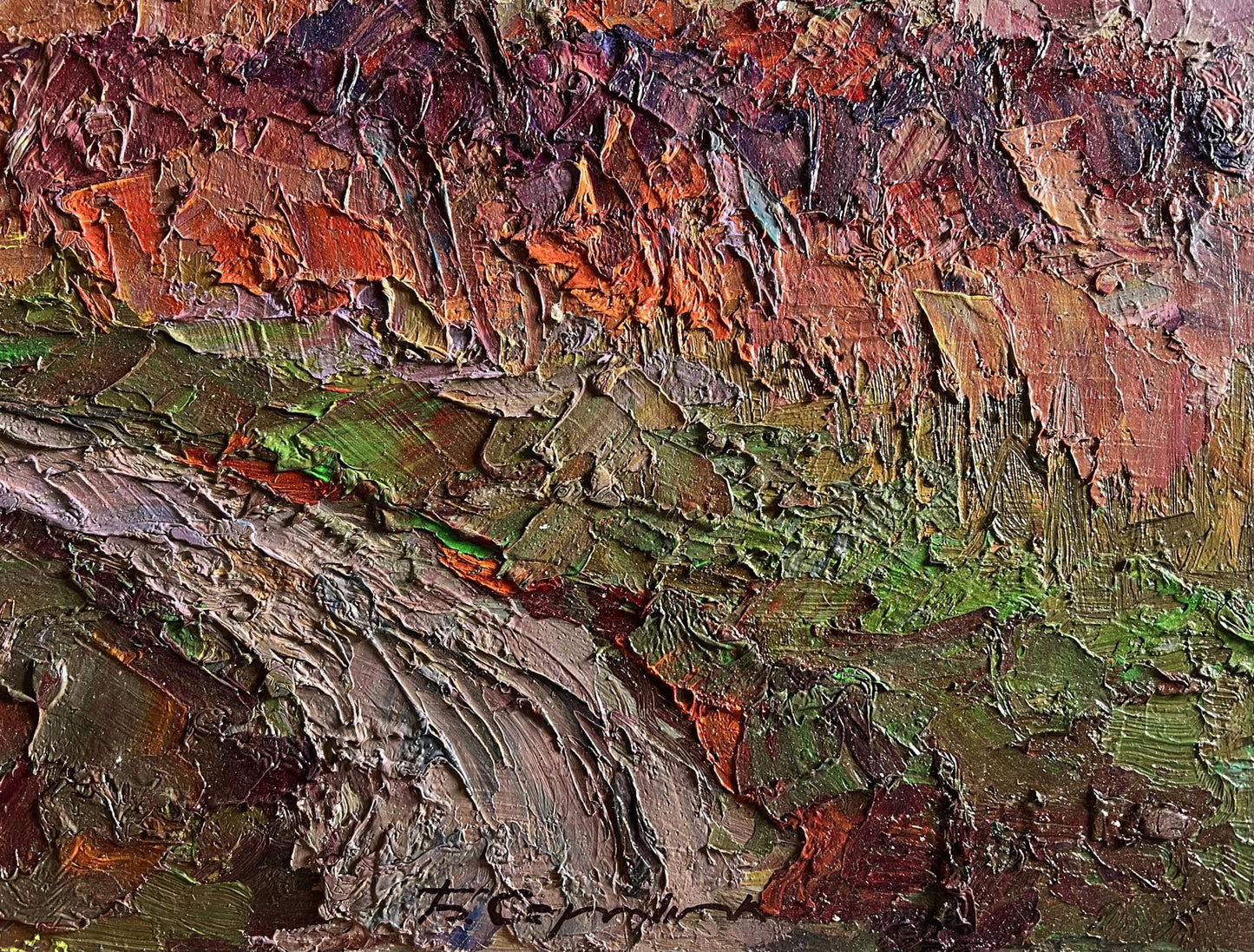 Textured impasto oil painting of horse walking path by Boris Serdyuk