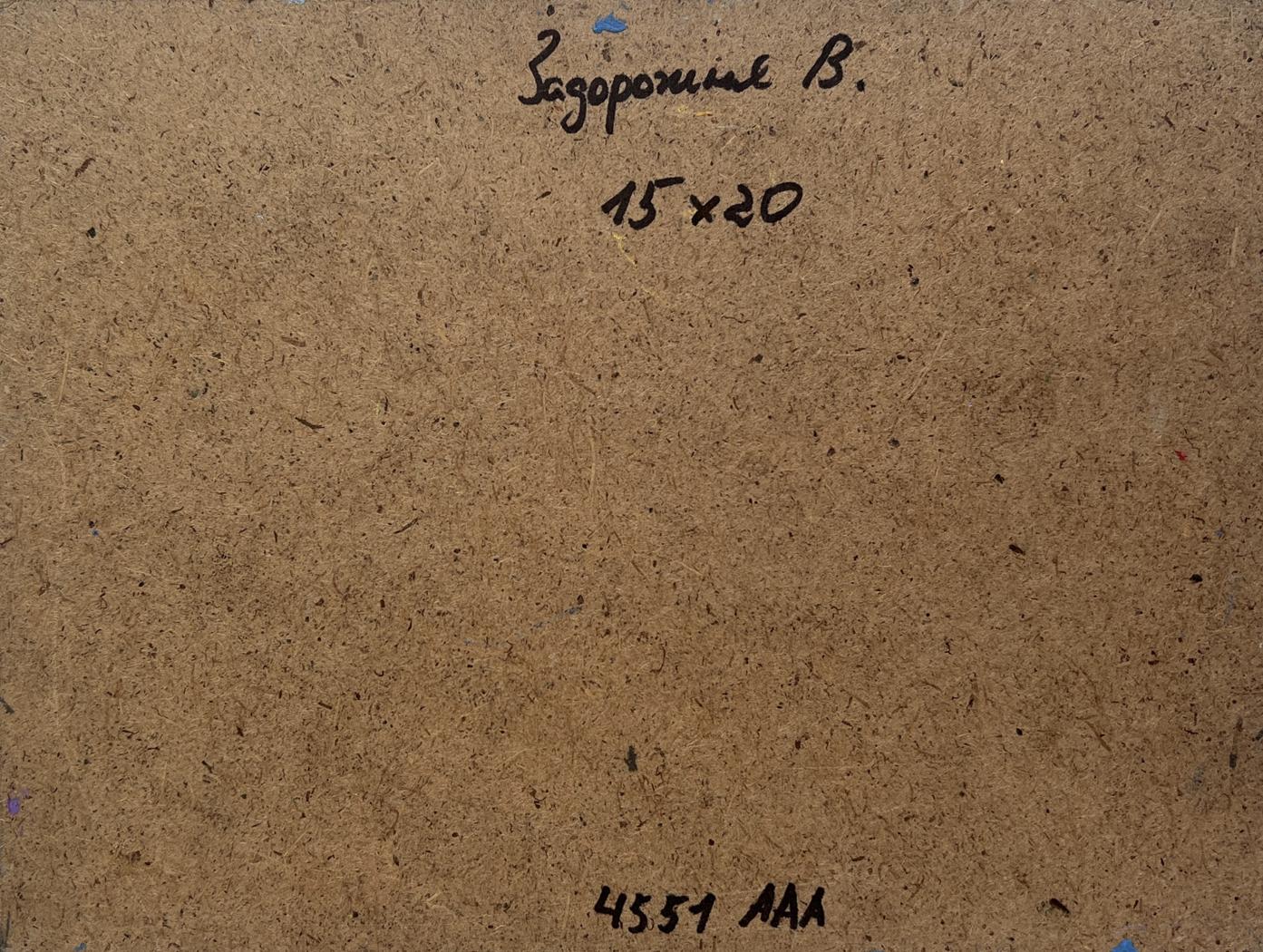 Back of V. Zadorozhnya oil painting Big mountains and sunset with brown cardboard handwritten inscription and measurements