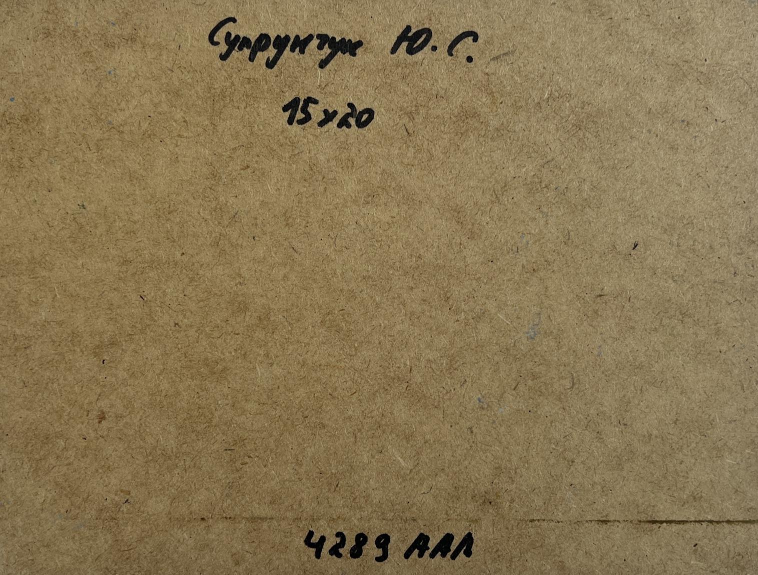 Back of Yuriy Suprunchuk oil painting Calm evening sea with brown textured paper Cyrillic text measurements