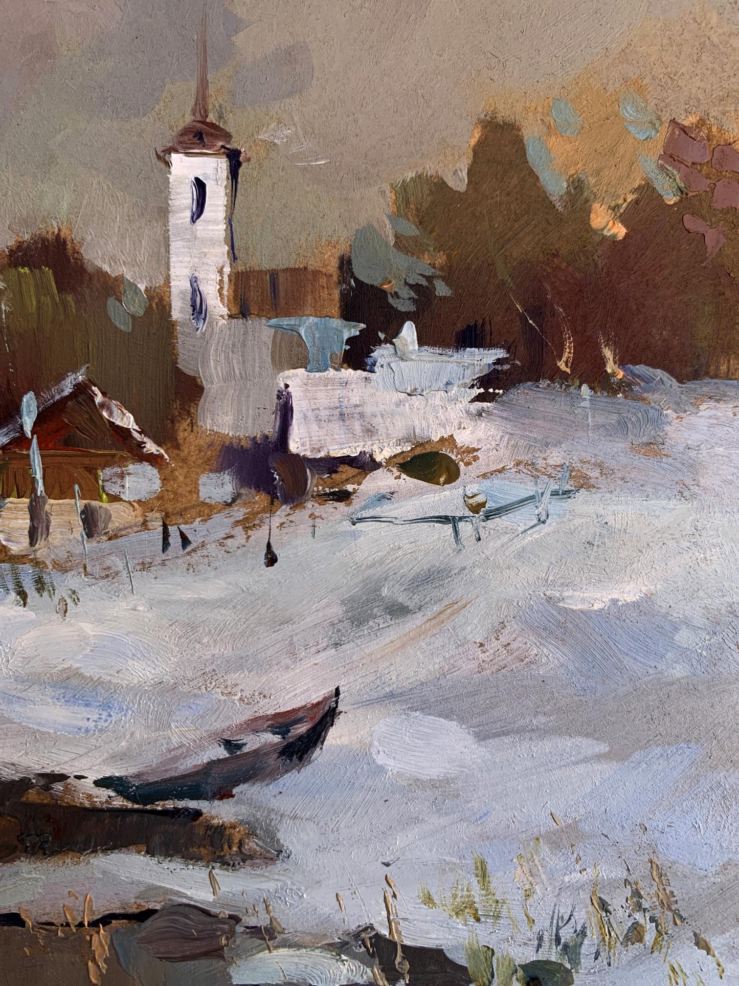 Oil painting of snow-covered village with white church tower by Yuriy Suprunchuk