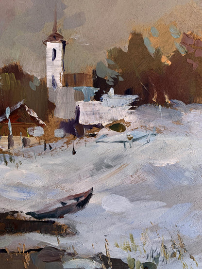 Oil painting of snow-covered village with white church tower by Yuriy Suprunchuk