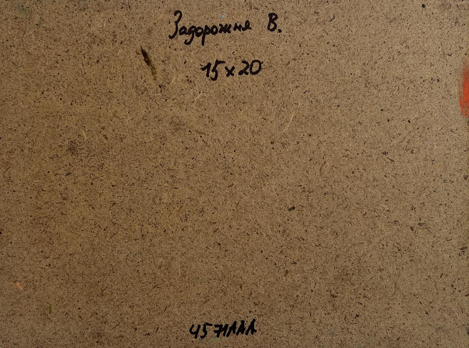 Back of Oil painting Meadows and green forest V. Zadorozhnya with brown textured cardboard, handwritten inscription and dimensions
