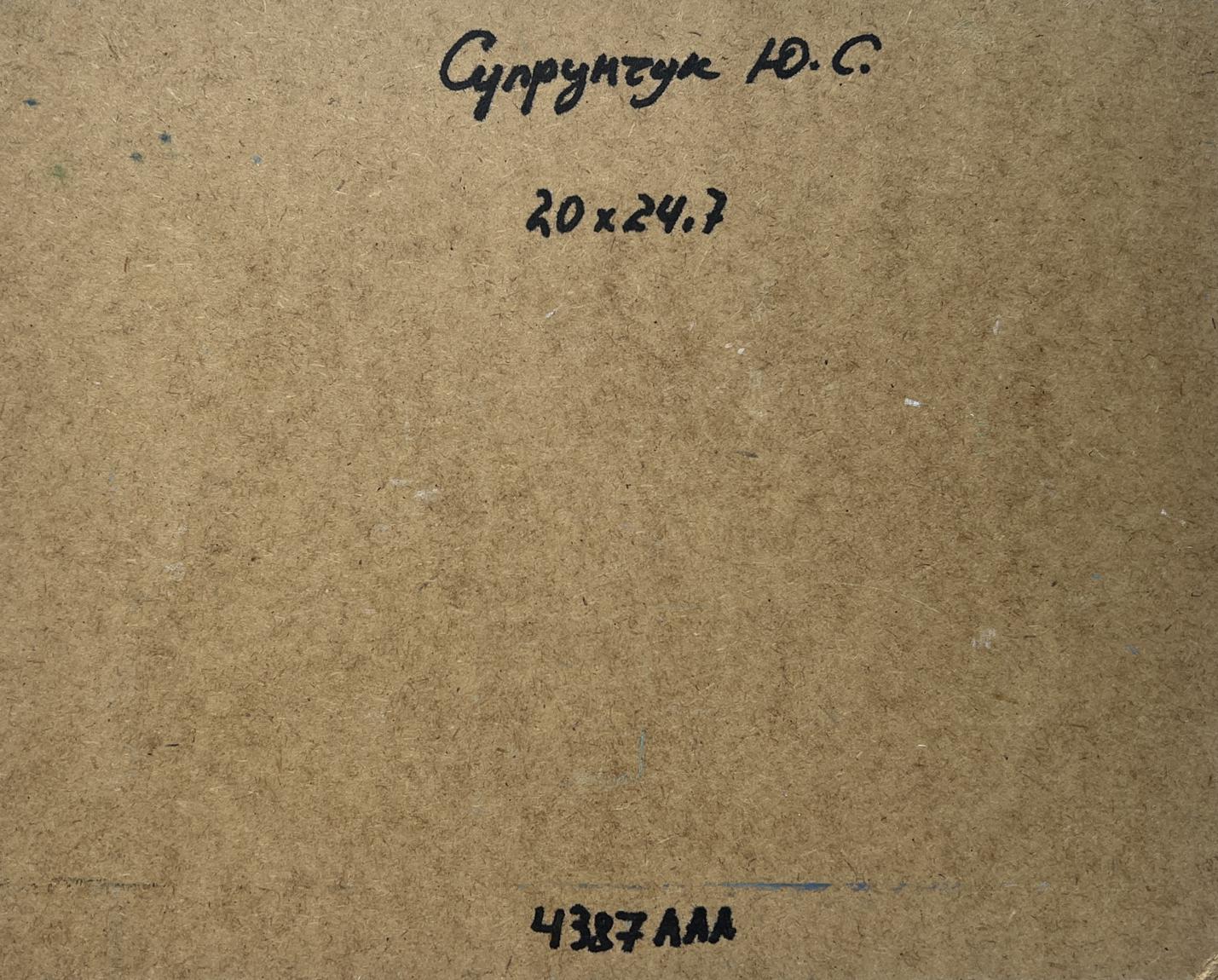 Back of Yuriy Suprunchuk oil painting Boat in green reflections with Cyrillic text and measurements on brown cardboard