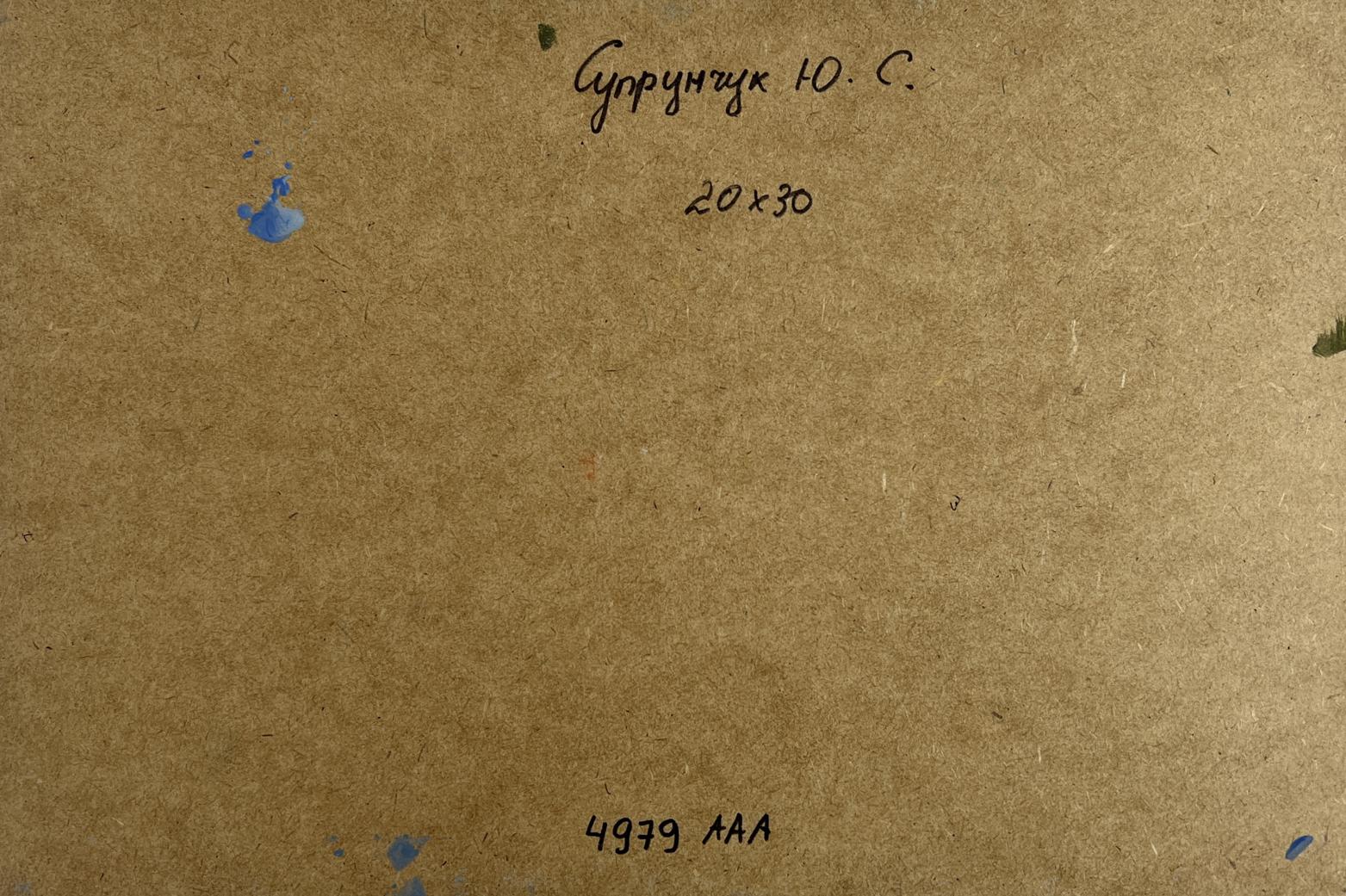 Back of Yuriy Suprunchuk oil painting Winter calm in the village with brown cardboard handwritten inscription and blue paint splatters