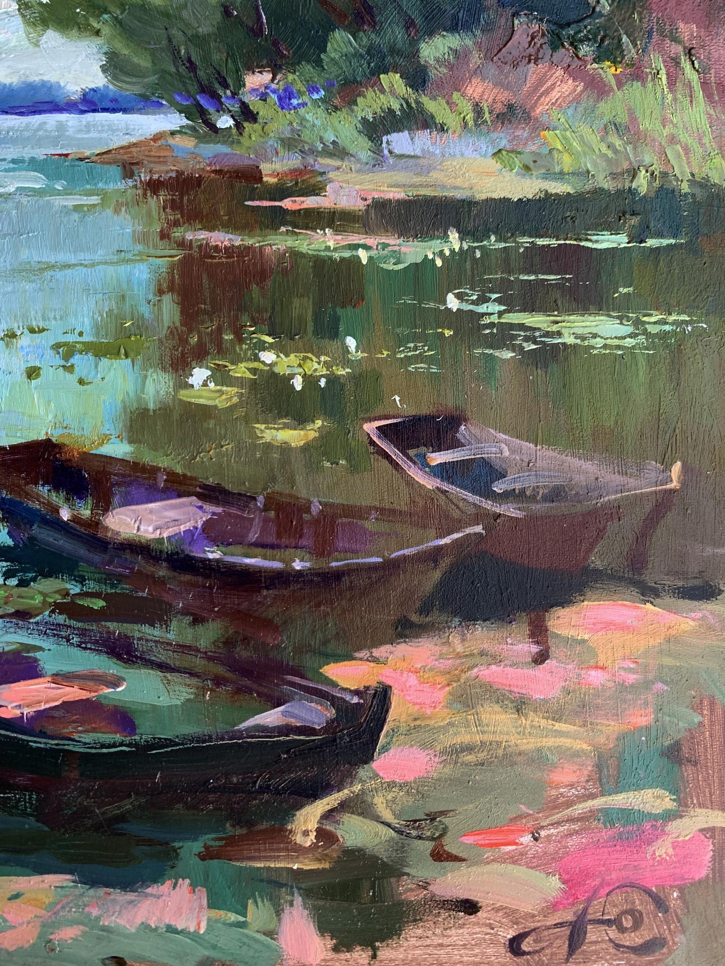 Oil painting by Yuriy Suprunchuk: two rowboats on lily pad lake