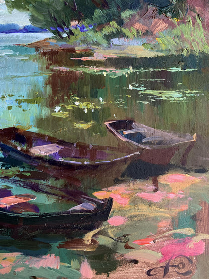 Oil painting by Yuriy Suprunchuk: two rowboats on lily pad lake