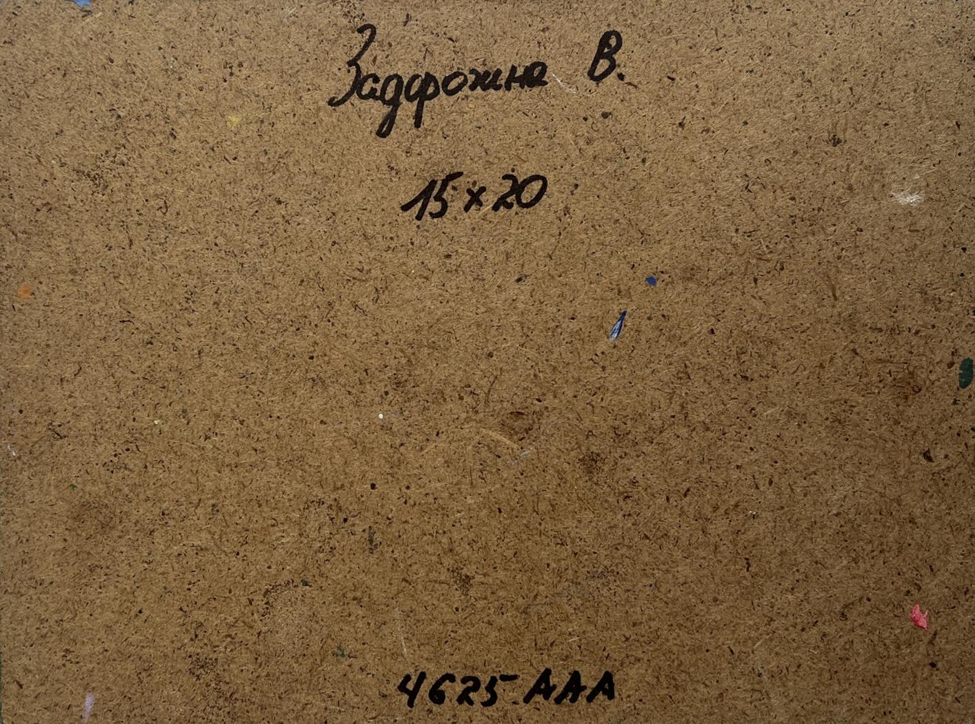 Back of Oil painting Sunset behind the mountains V. Zadorozhnya with brown cardboard handwritten inscription and dimensions