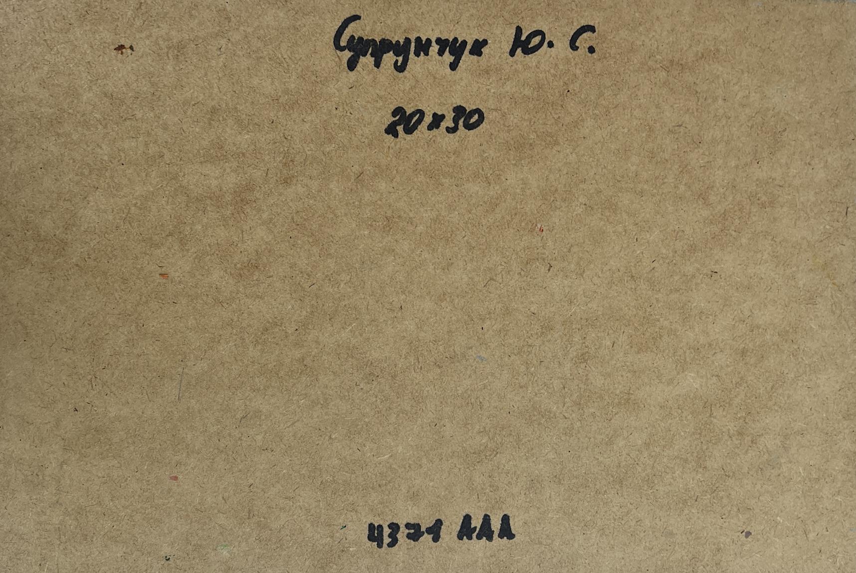 Back of Yuriy Suprunchuk Autumn birch grove oil painting with brown textured paper Cyrillic text measurements