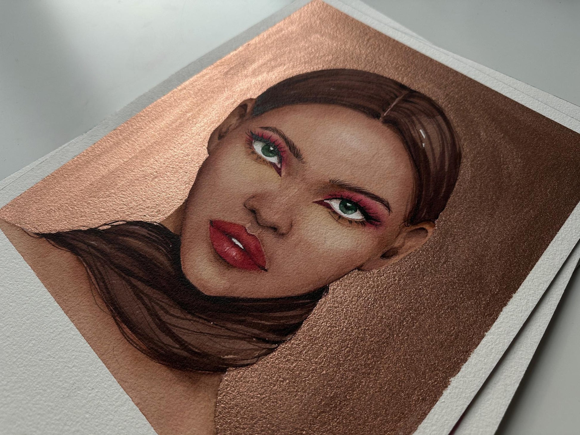 Watercolor portrait of Lady in gold by Victoria Kagalovska, green eyes, pink shadow