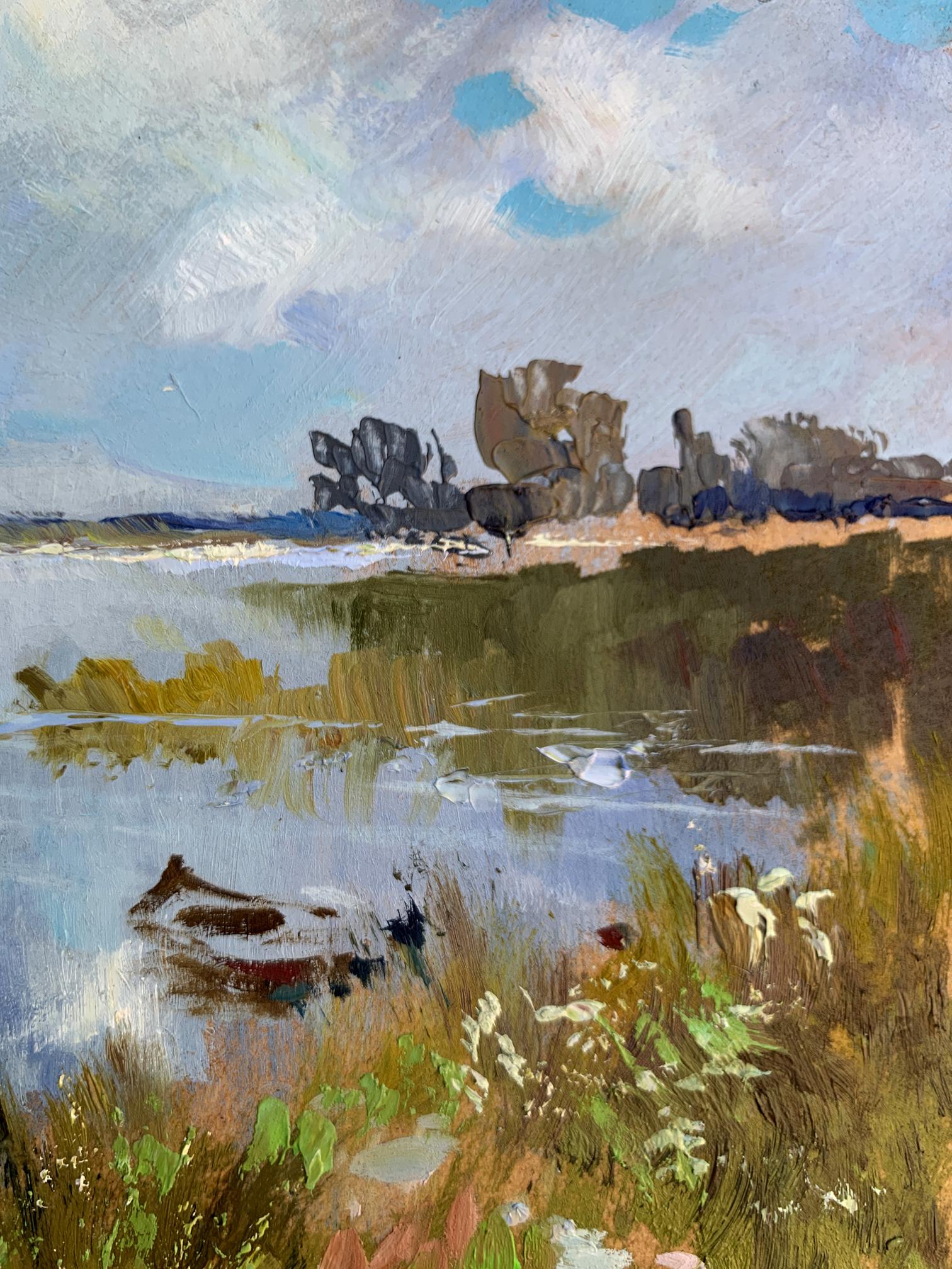 Serene impressionistic oil painting by Yuriy Suprunchuk of tranquil lakeside scene