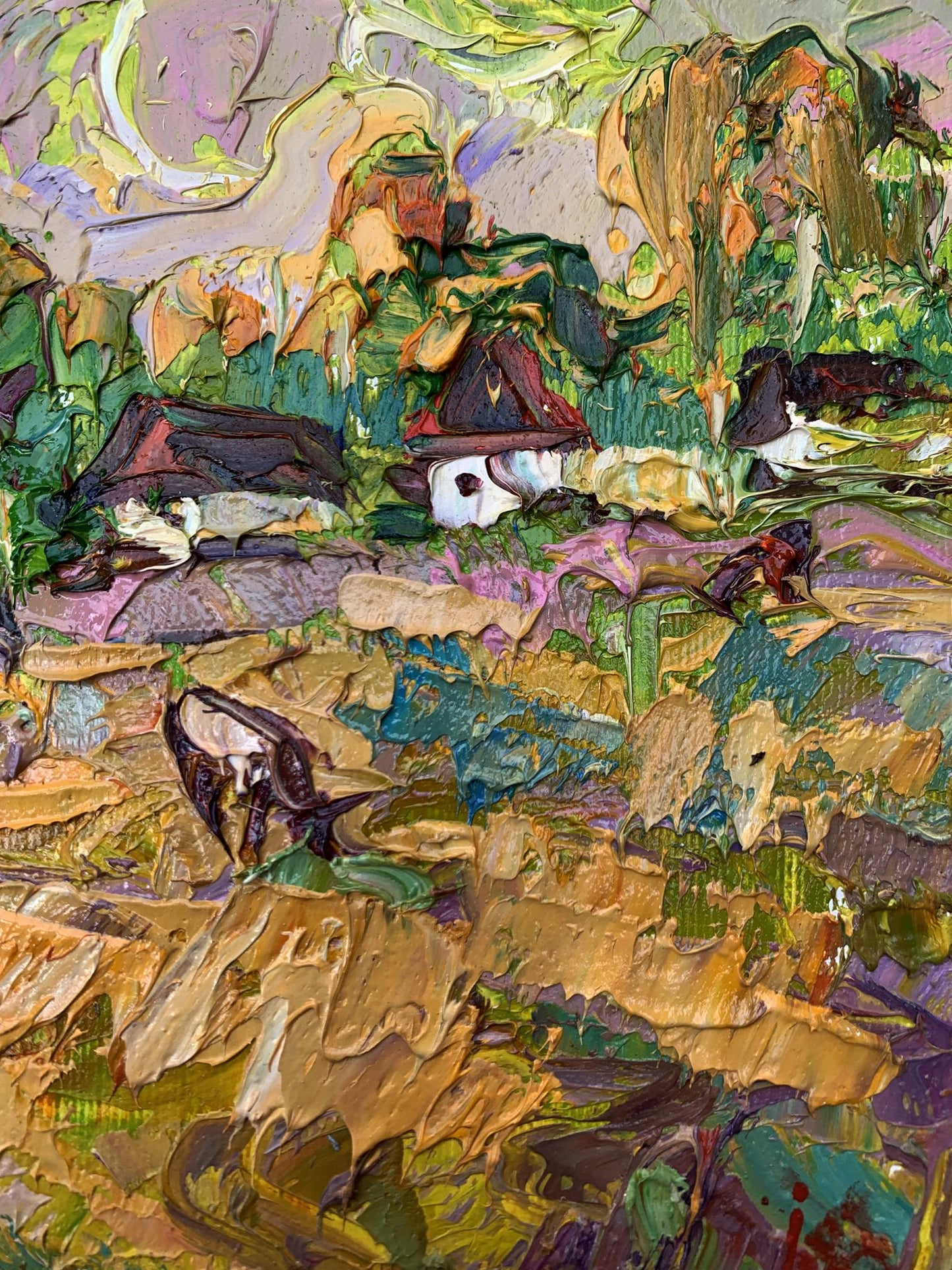 Oil painting by Ivanyuk Oleksiy: white house in green hills with cows grazing