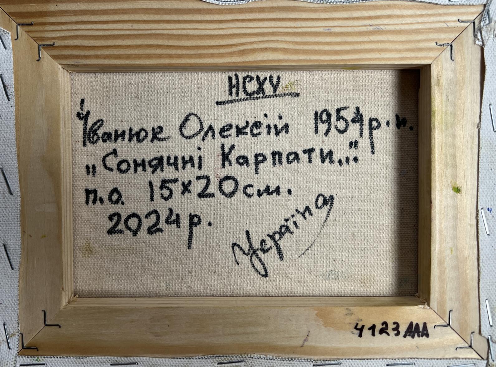 Back of Oleksiy Ivanyuk oil painting Mountains bathed in summer sun with Ukrainian text
