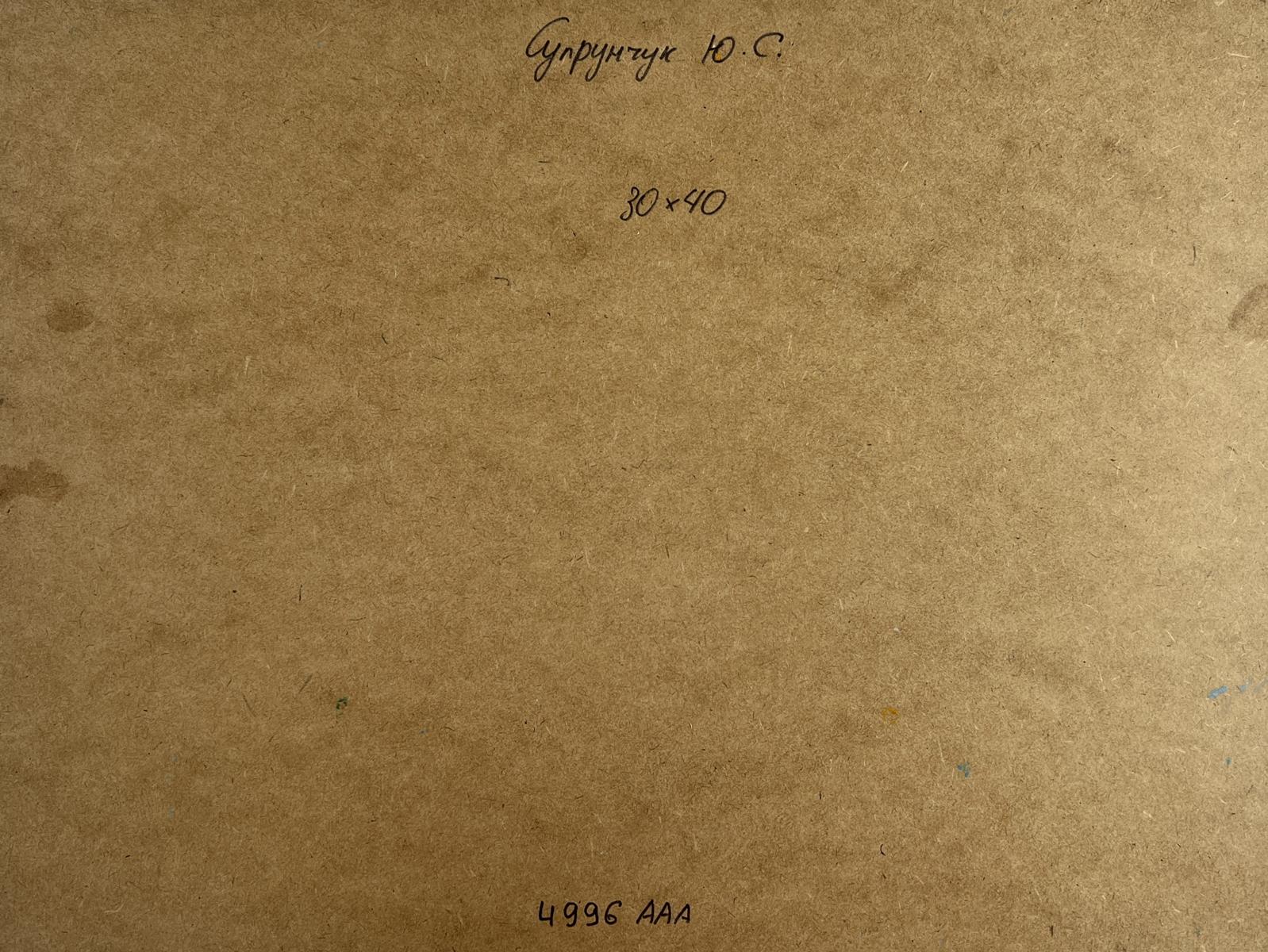Back of Yuriy Suprunchuk oil painting with Cyrillic text and measurements on brown cardboard