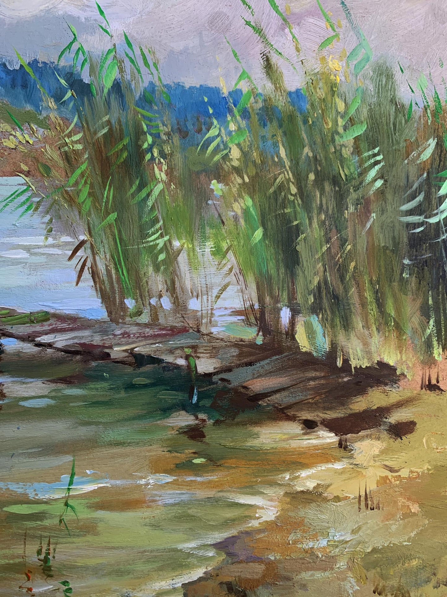 Vibrant impressionist oil painting of green reeds by waterway by Yuriy Suprunchuk